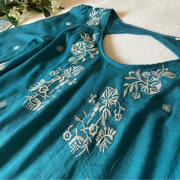 Women’s Embroidered Boho Mini Dress Teal Long Puff Sleeve - Picture 3 of 13